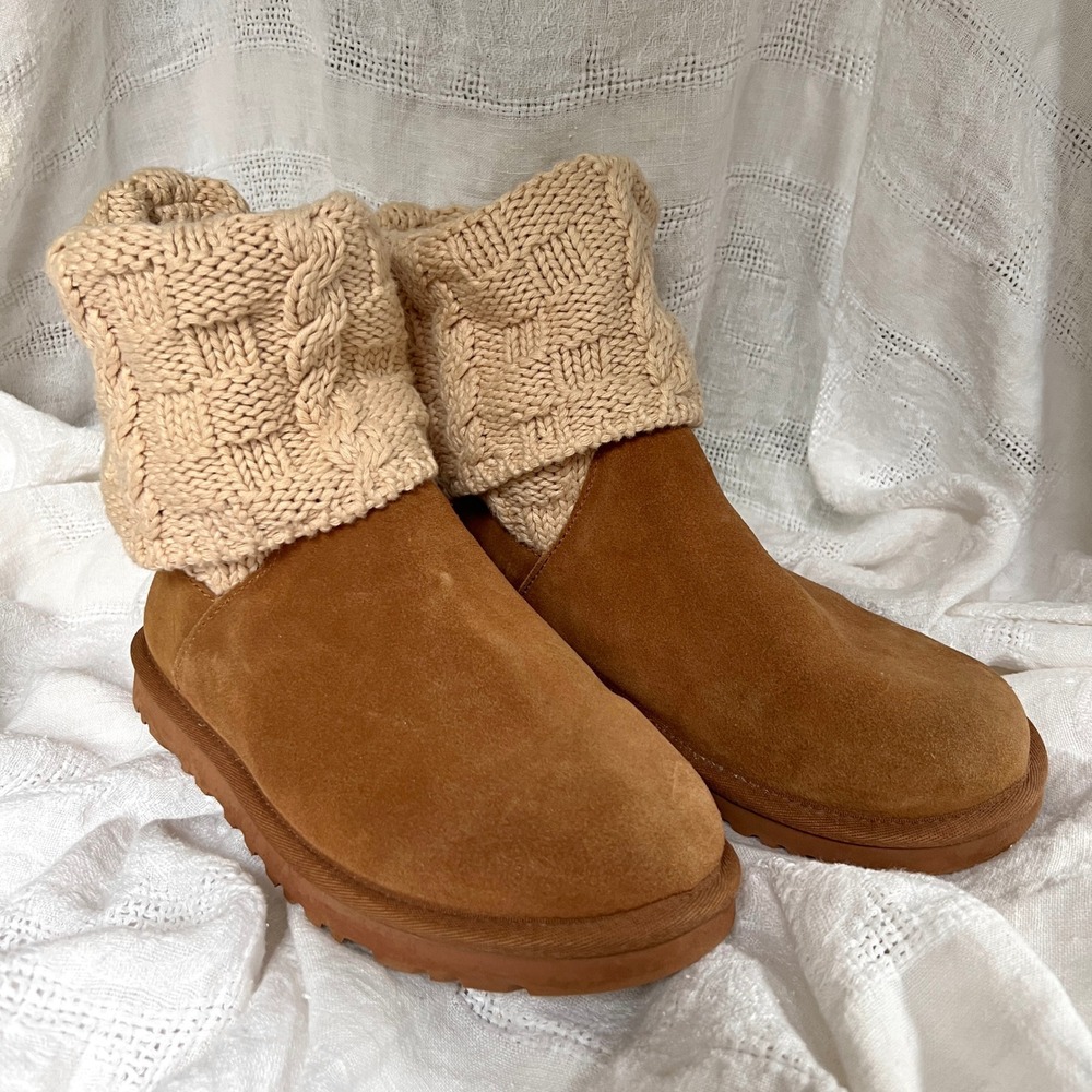 UGG Cassidee Chestnut Suede Cable Knit Cuff Boots Women's Size 6